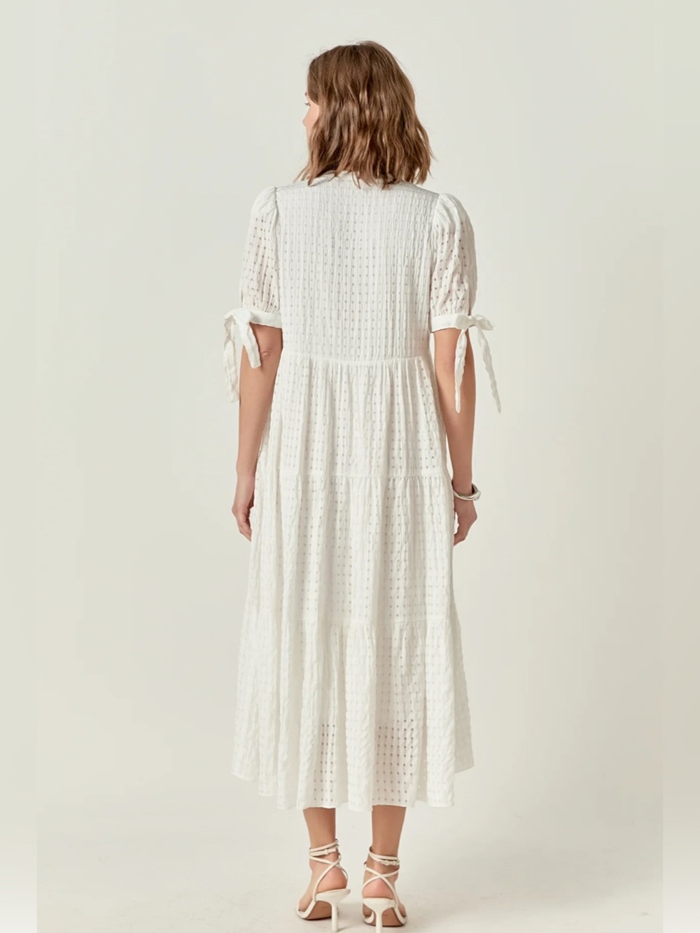 English Factory Gingham Tiered Midi Dress Puff Bow TieSleeves VNeckHN657D Medium - Picture 14 of 15
